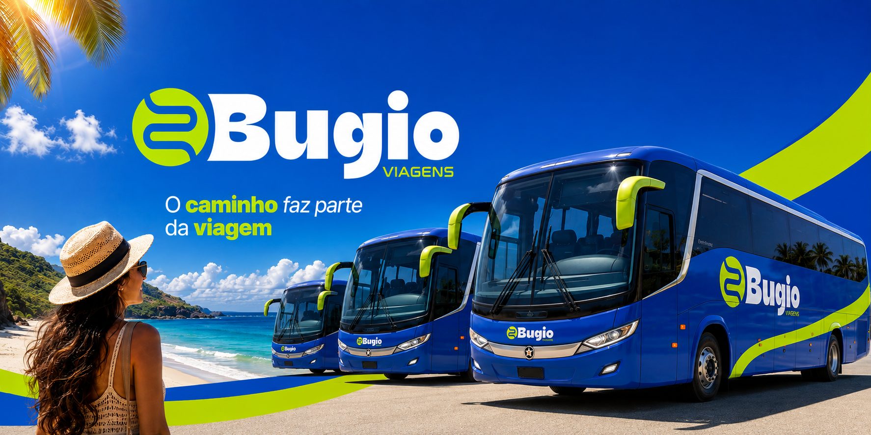 Frota de ônibus da Bugio Viagens prontos para embarque — o caminho faz parte da viagem